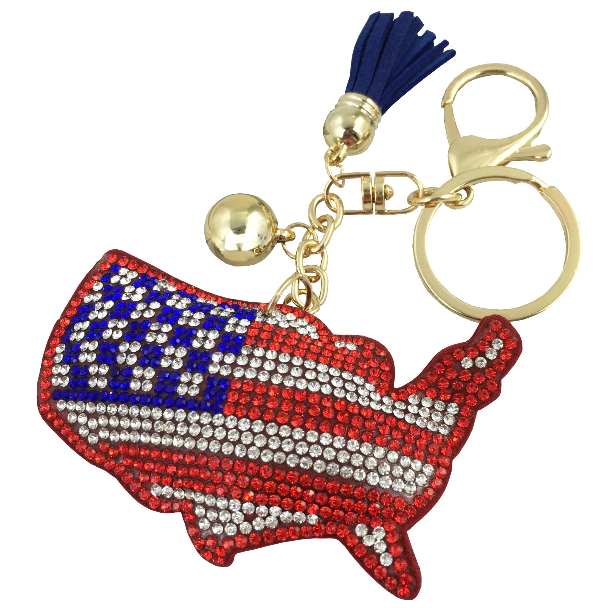 American Flag USA Country Shape Rhinestone Keyring
