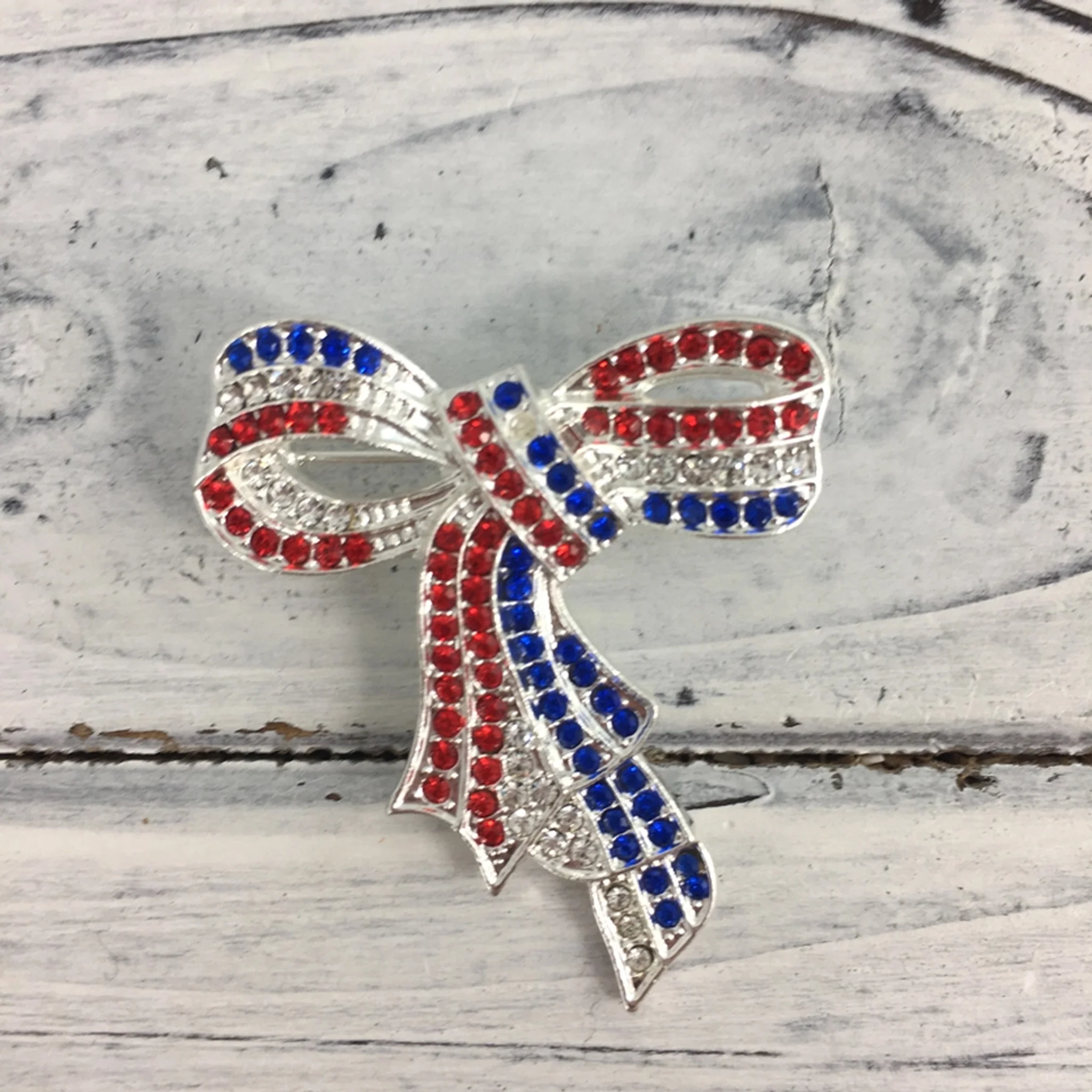Americana Red White Blue Ribbon Rhinestone Brooch - Image 2