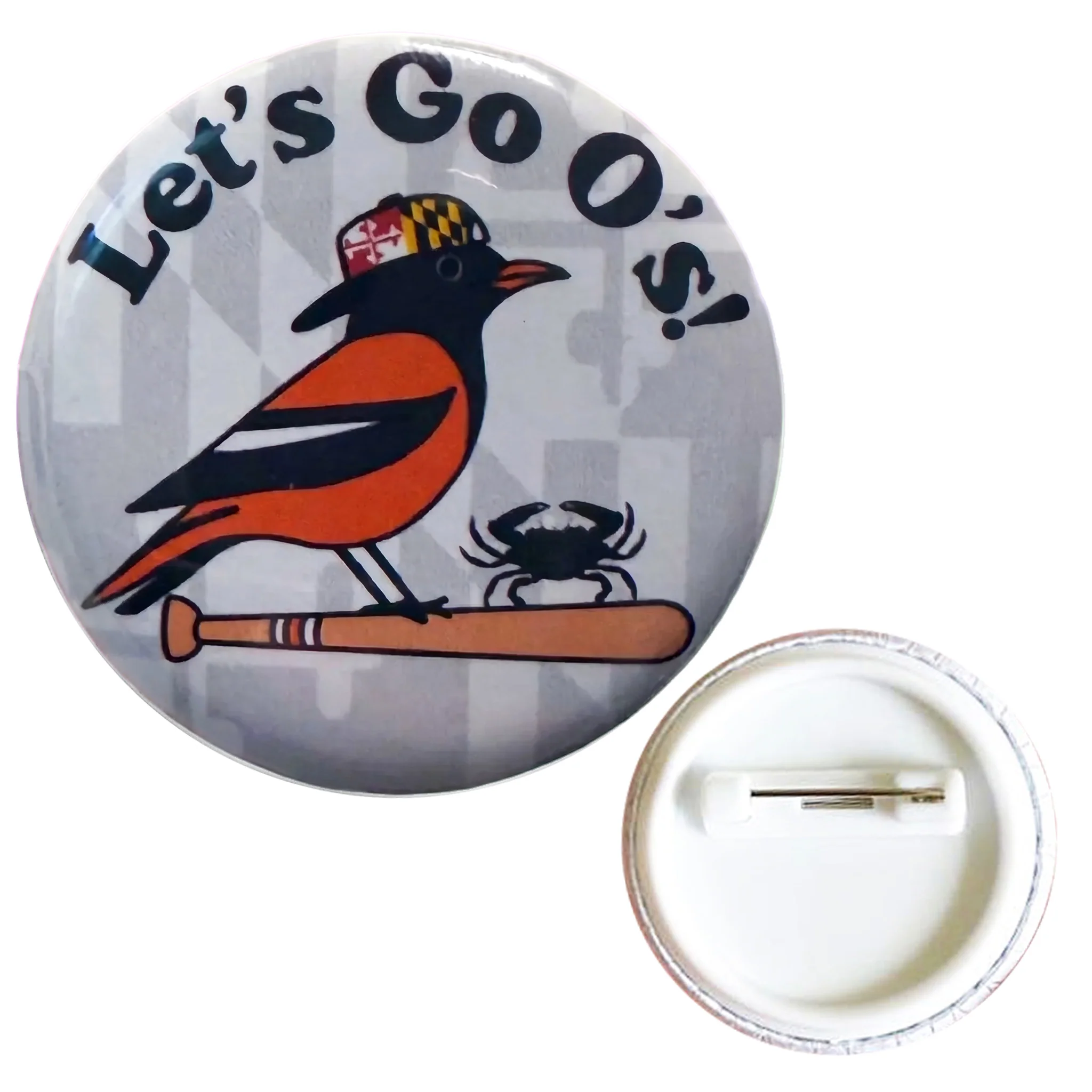 Baltimore Oriole and Crab Let's Go O's Small Button Pin