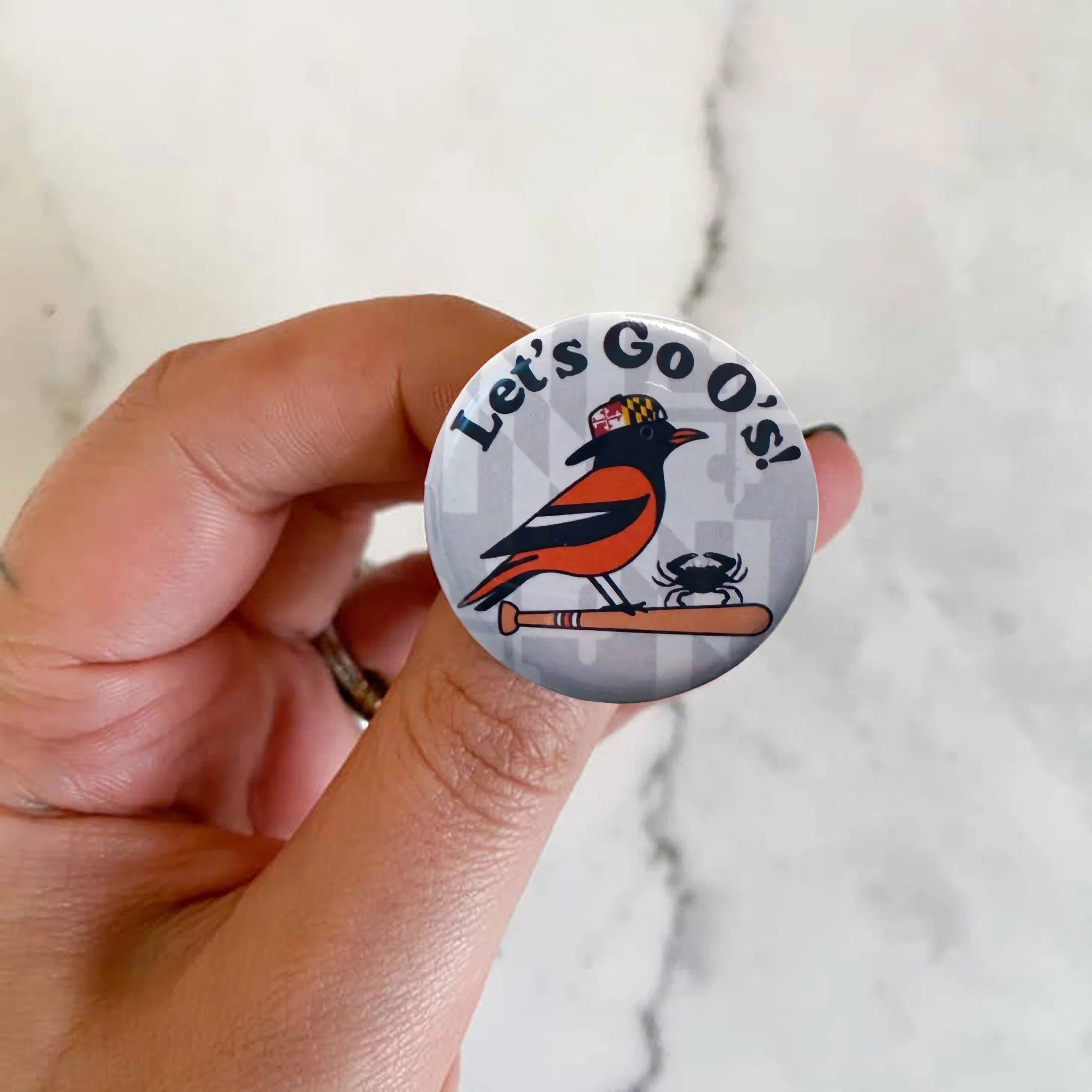 Baltimore Oriole and Crab Let's Go O's Small Button Pin - Image 2