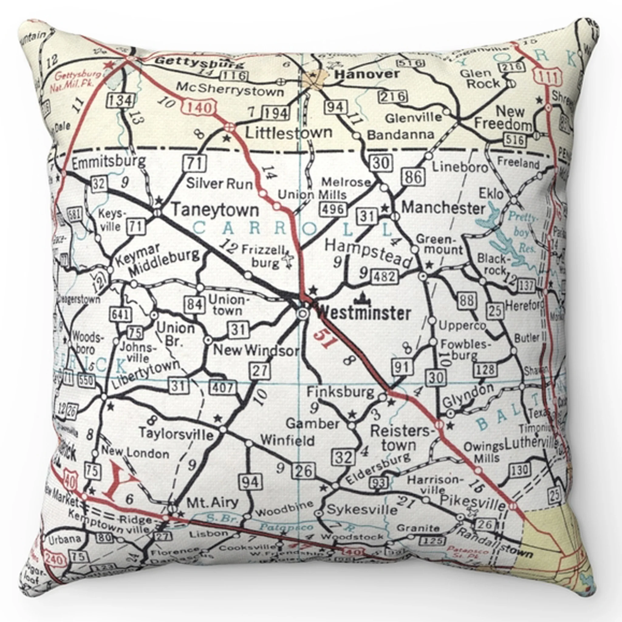 Carroll County Roads Map Pillow