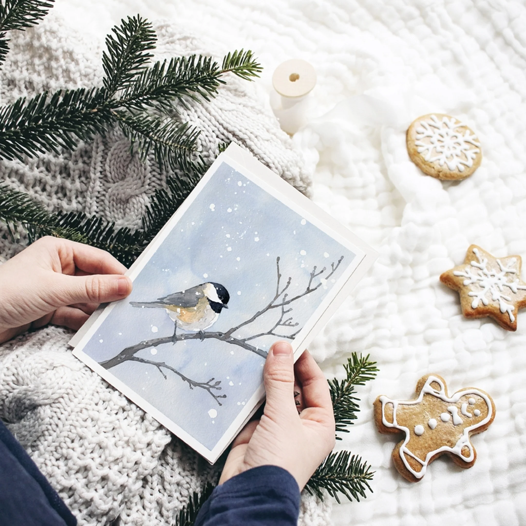 Chickadee In Winter Snow Watercolor Art 5"x7" Notecard - Image 5