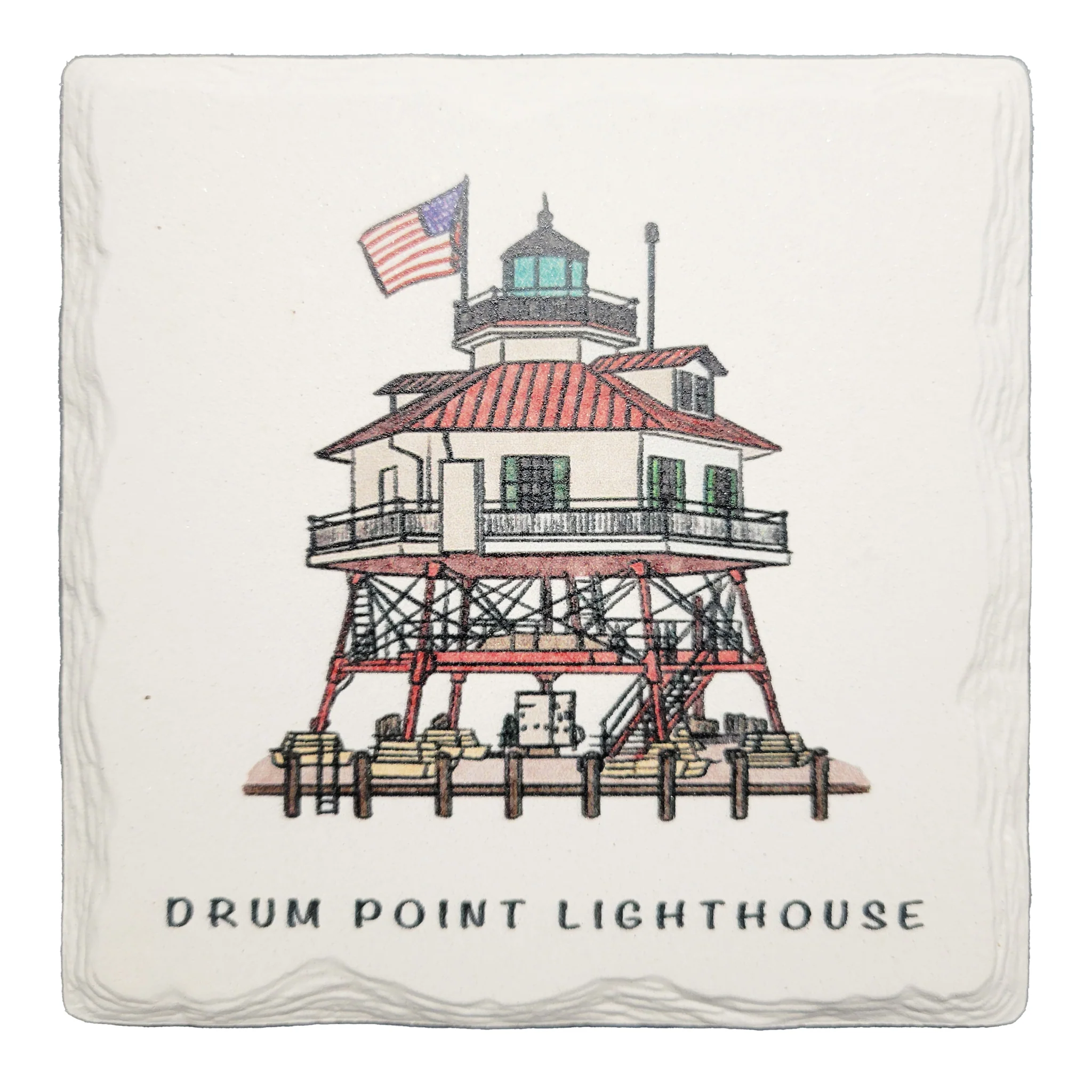 Drum Point Lighthouse Hand-Drawn Ceramic Drink Coaster