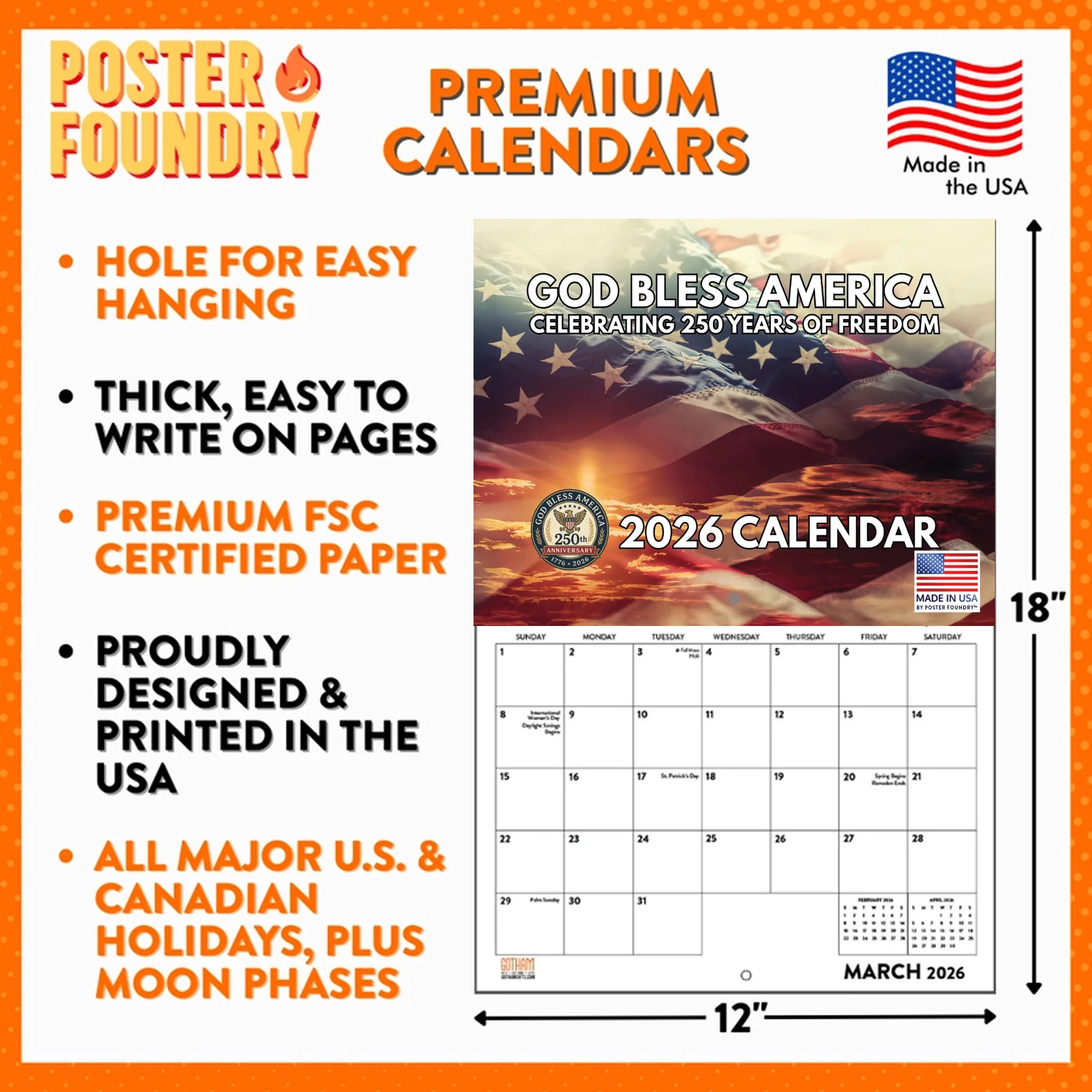 God Bless America 2026 Wall Calendar 12" x 18" *SALE* - Image 3