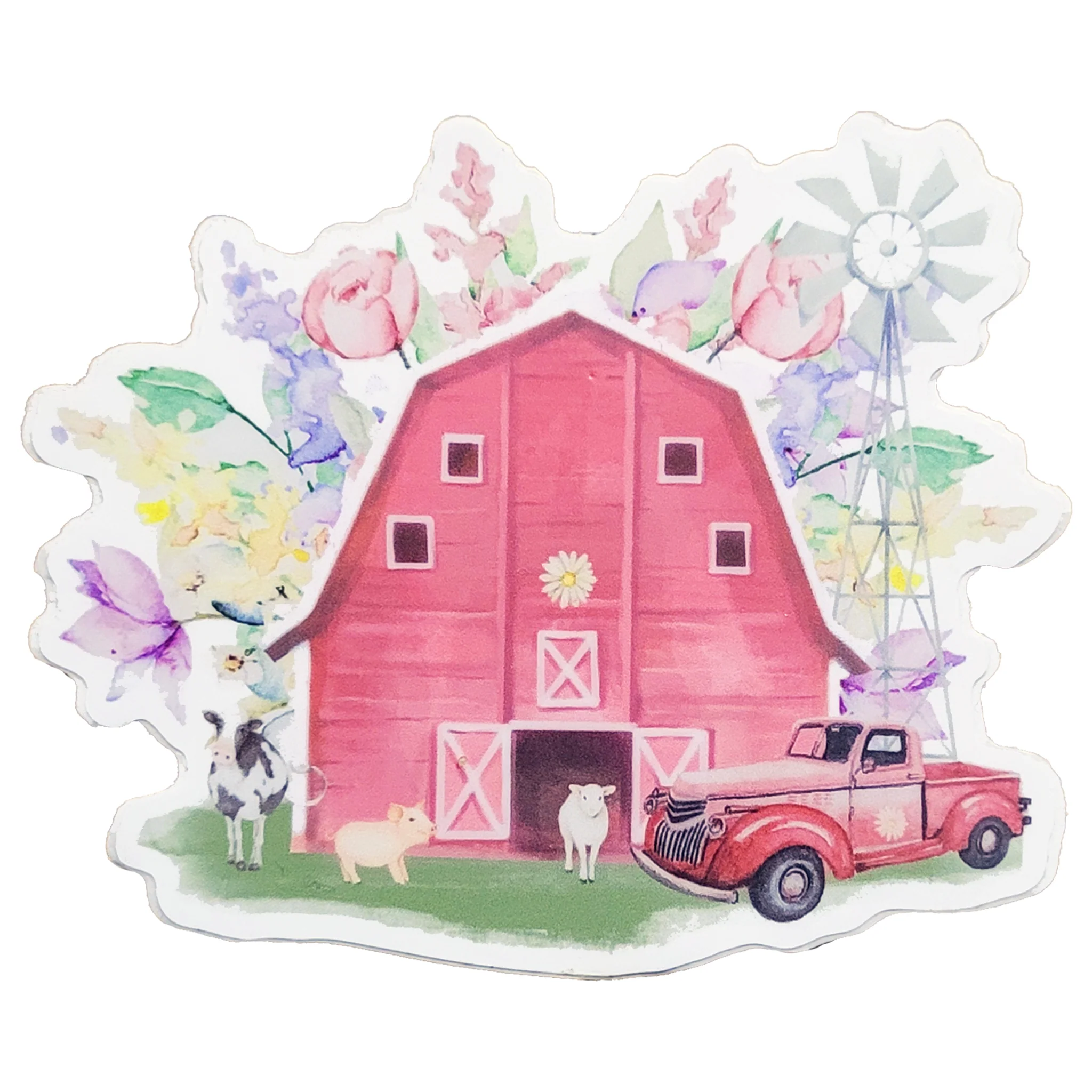 Pink Barn with Flowers Die Cut Vinyl Sticker
