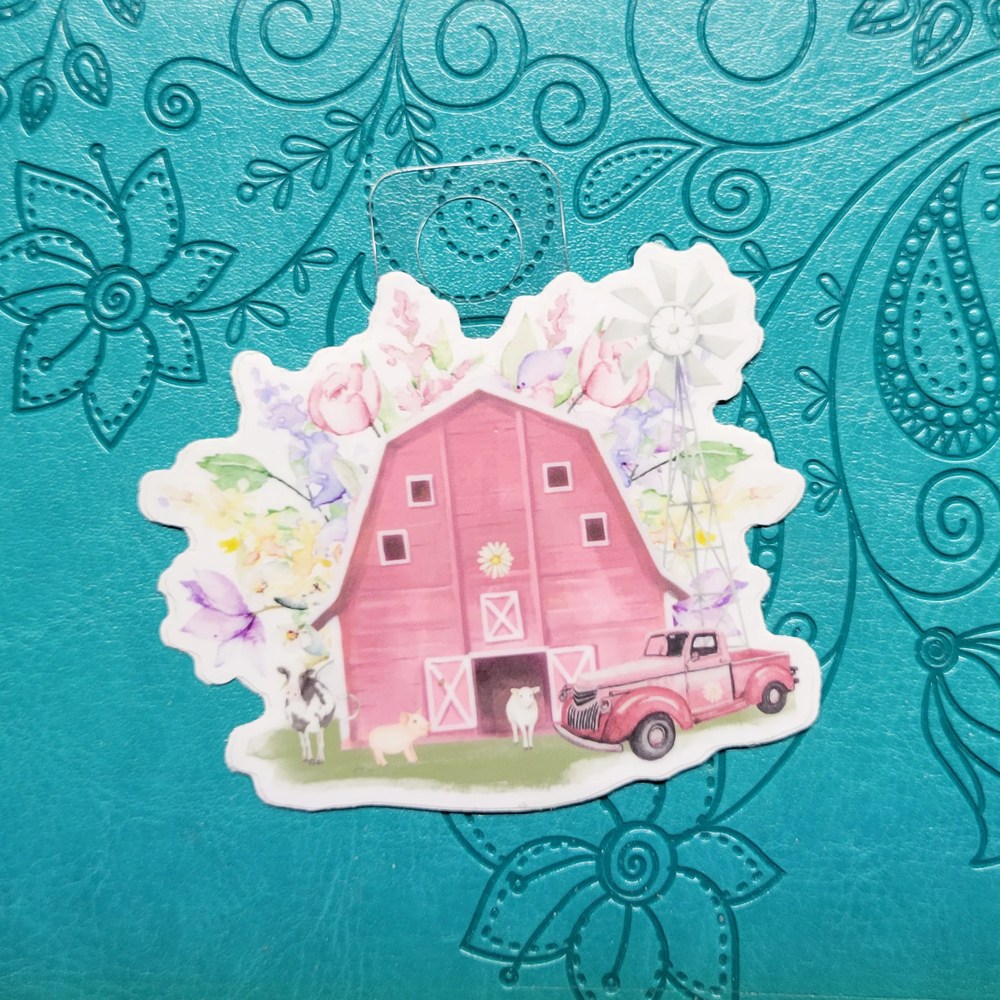 Pink Barn with Flowers Die Cut Vinyl Sticker - Image 2