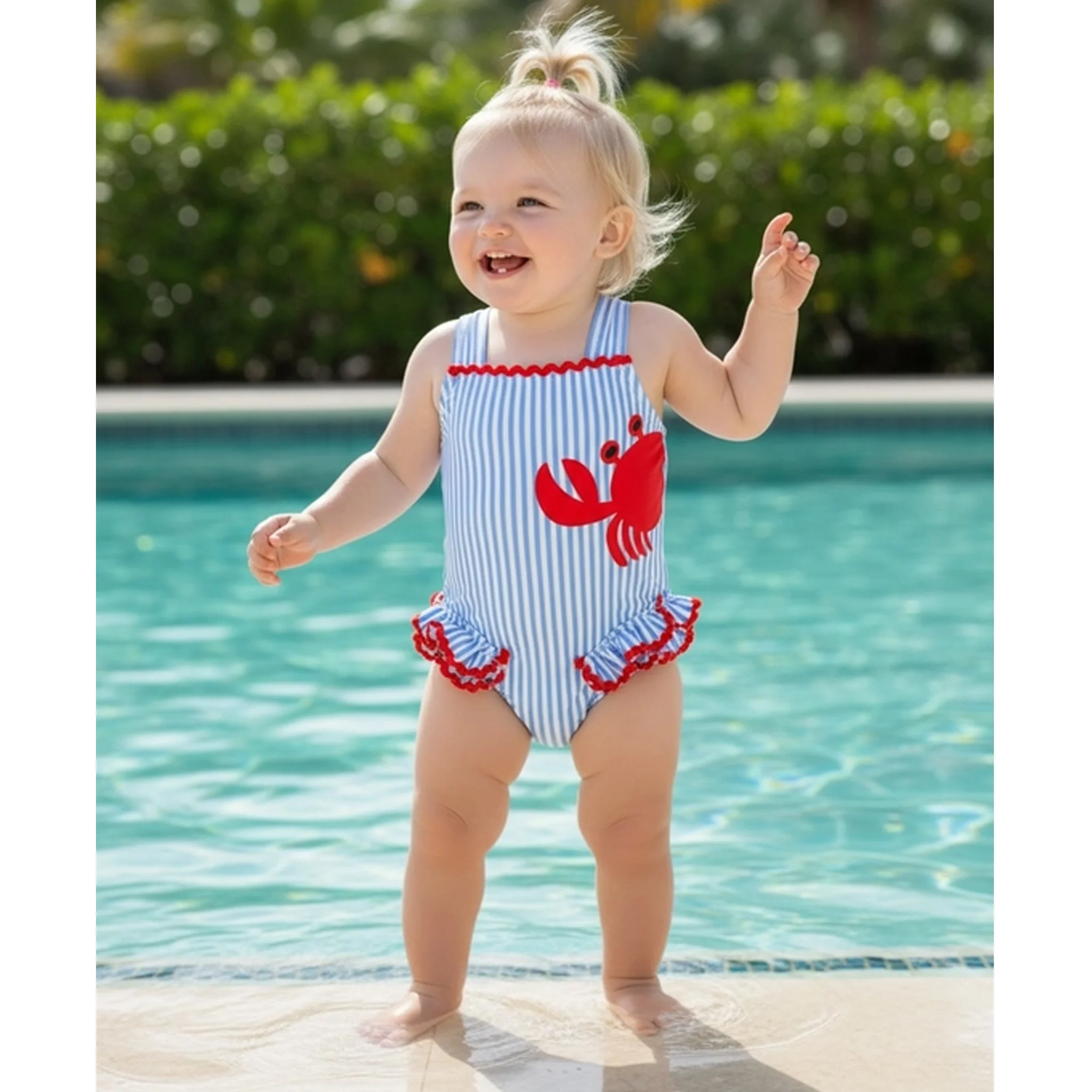 Red Crab With Blue And White Stripes Toddler Swimsuit - Image 2