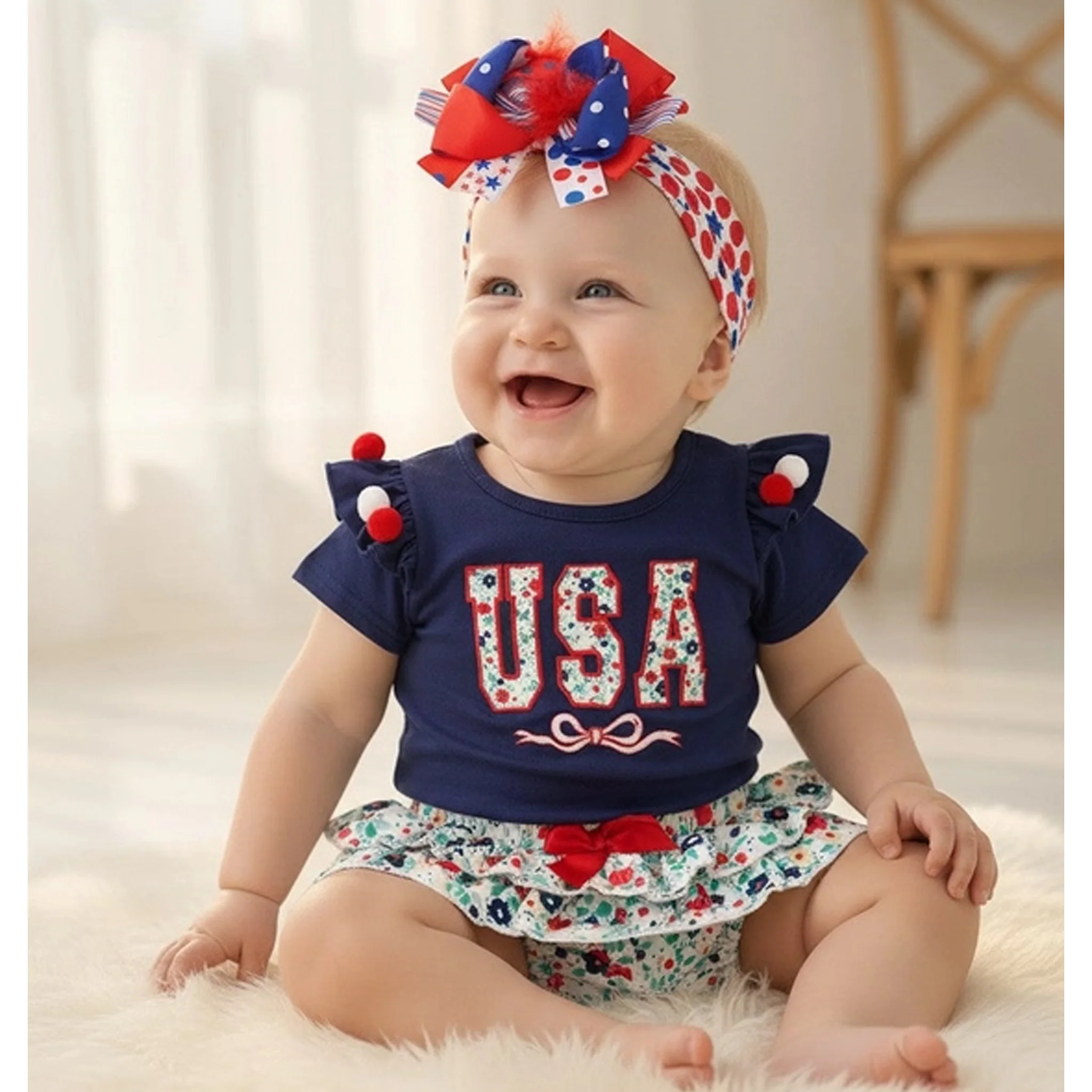 USA Floral Applique Baby Onesie and Bloomers Set - Image 2