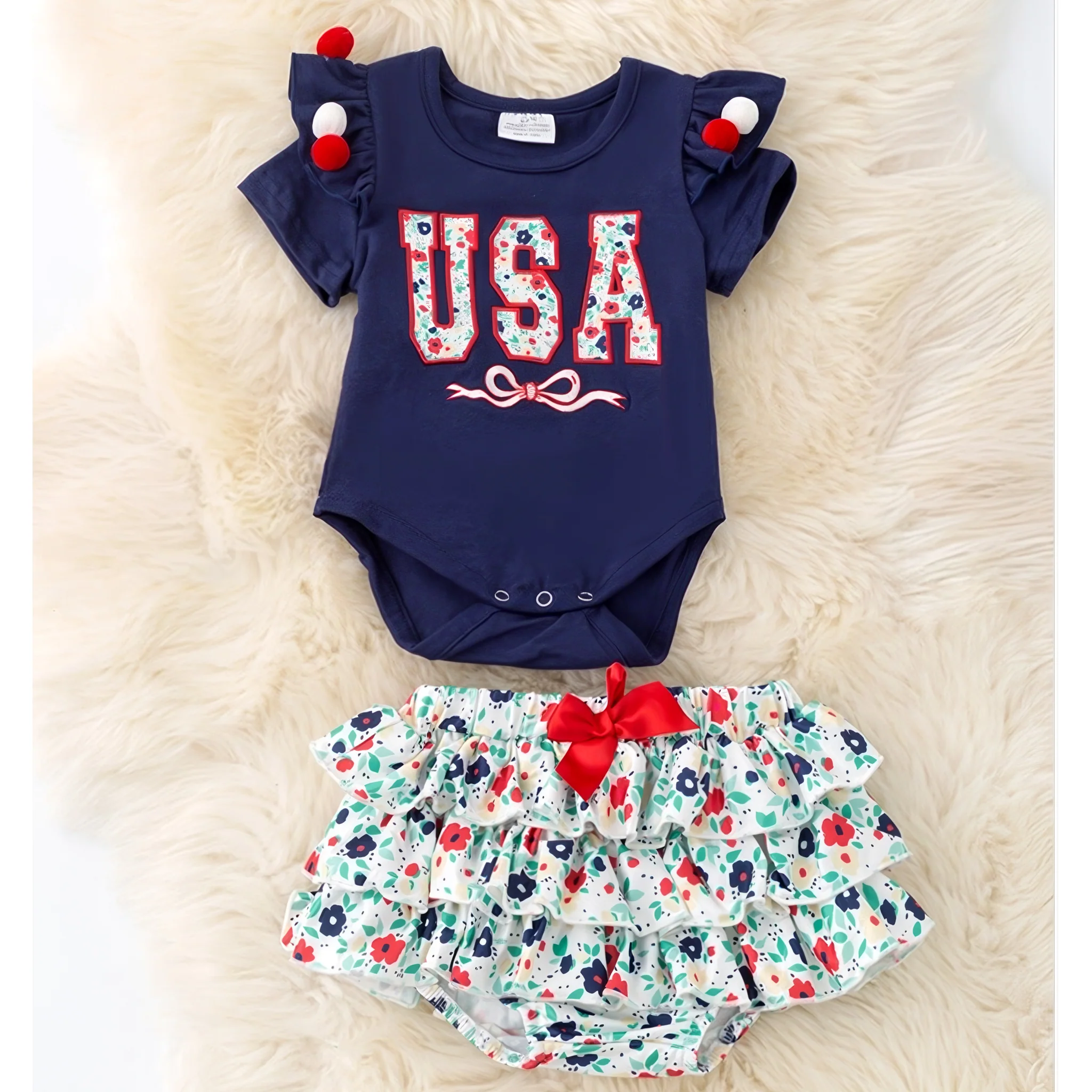 USA Floral Applique Baby Onesie and Bloomers Set - Image 3