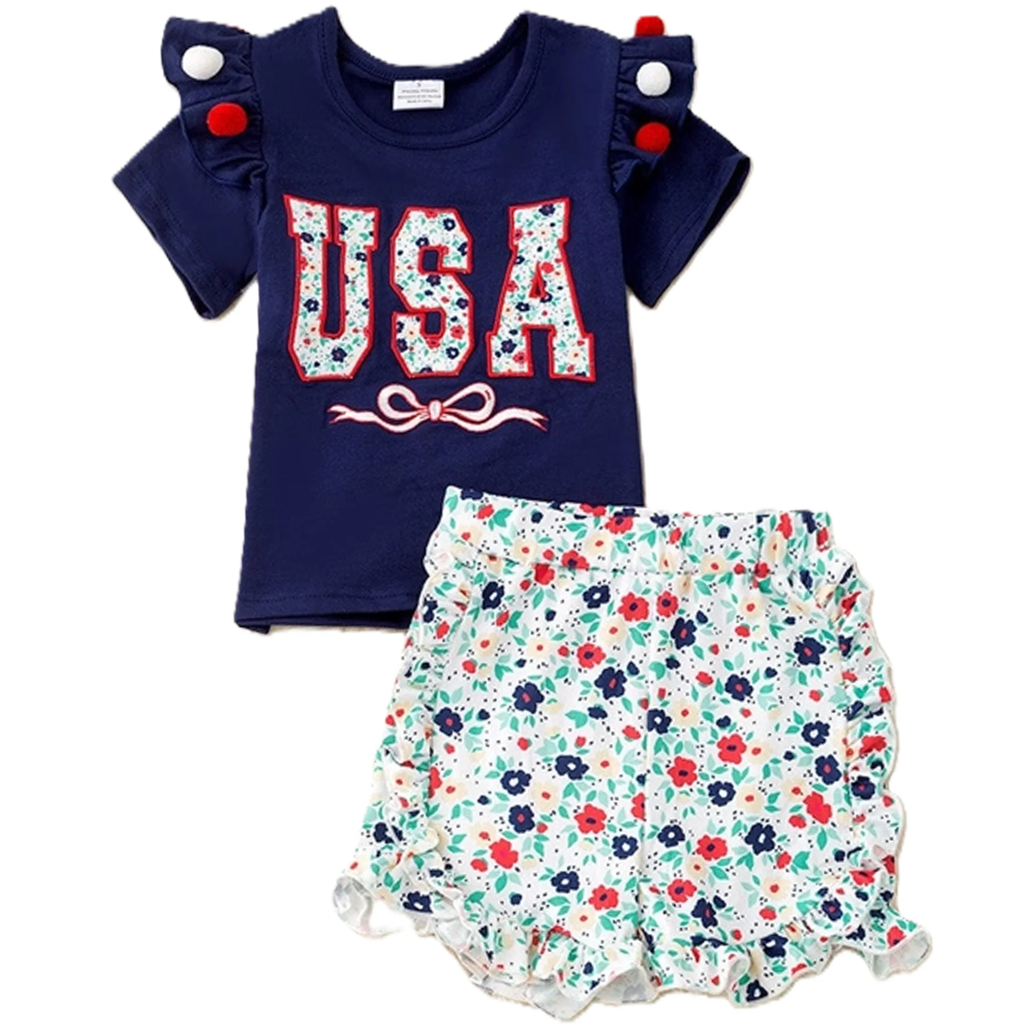 USA Floral Applique Girls Ruffle Top and Shorts Set
