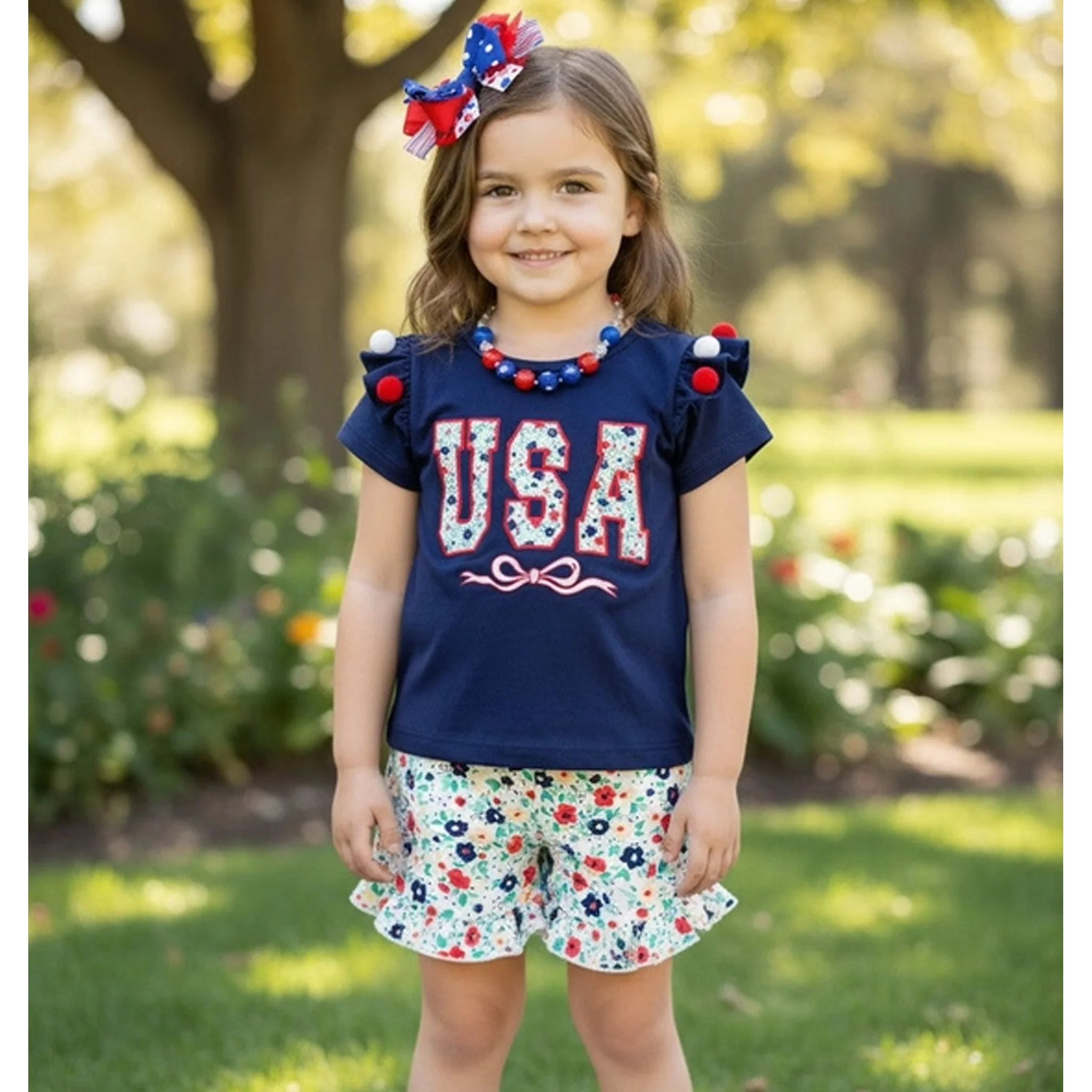 USA Floral Applique Girls Ruffle Top and Shorts Set - Image 2