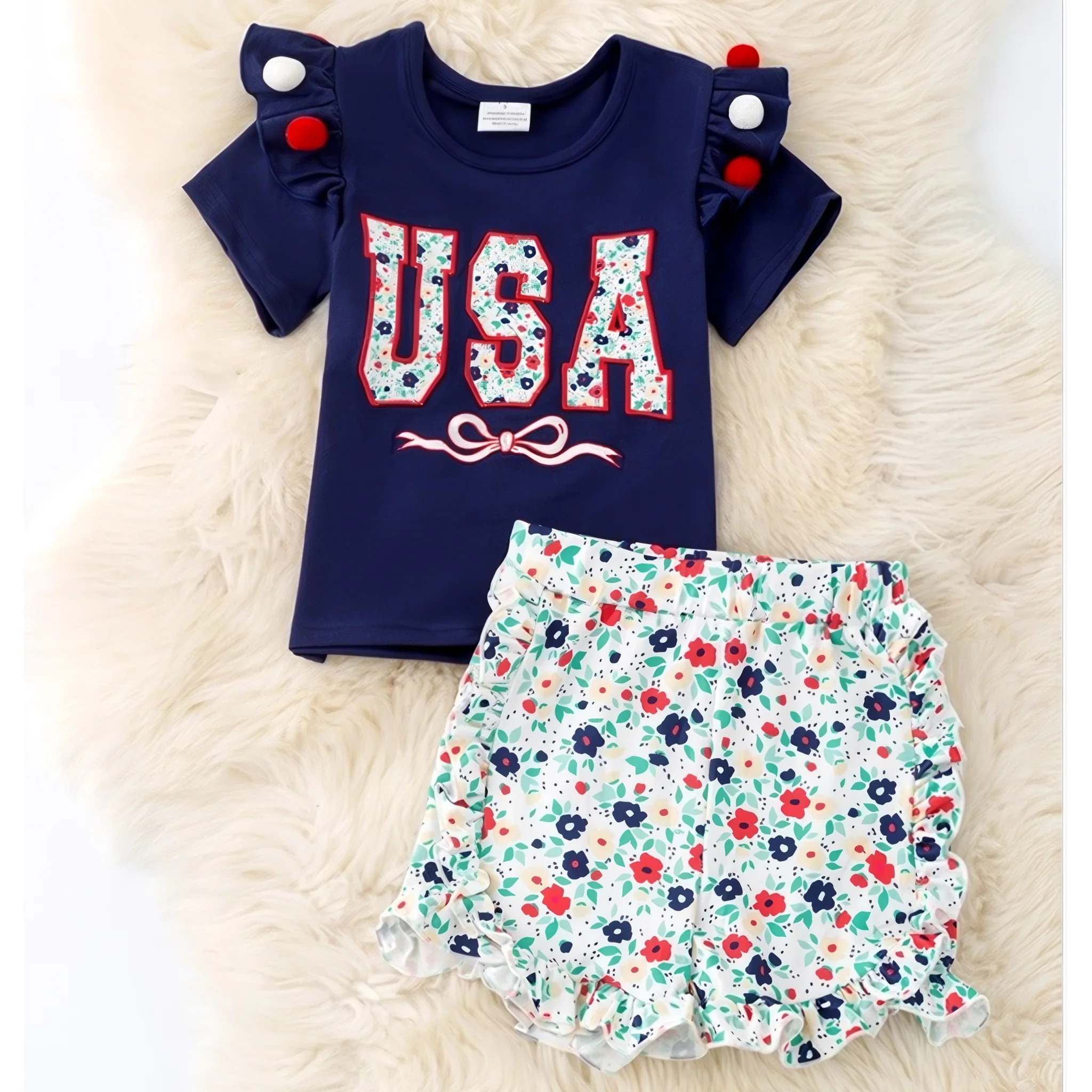 USA Floral Applique Girls Ruffle Top and Shorts Set - Image 3